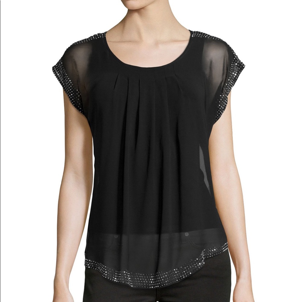 Rhinestone-Studded Pleated Black Sheer Top
